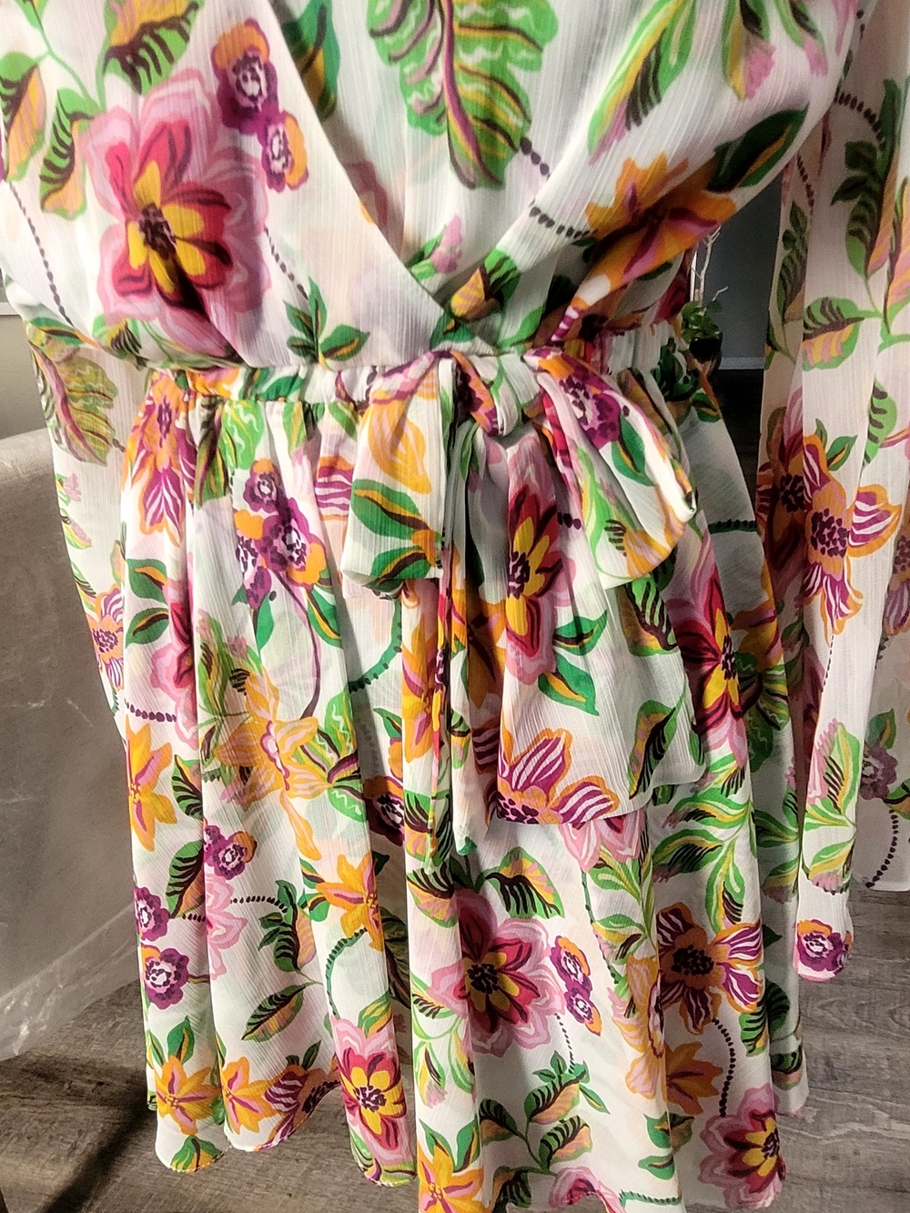 Misa Los Angeles White Floral Faux Wrap Mini Dress with Pink and Yellow Blooms - Picture 5 of 9